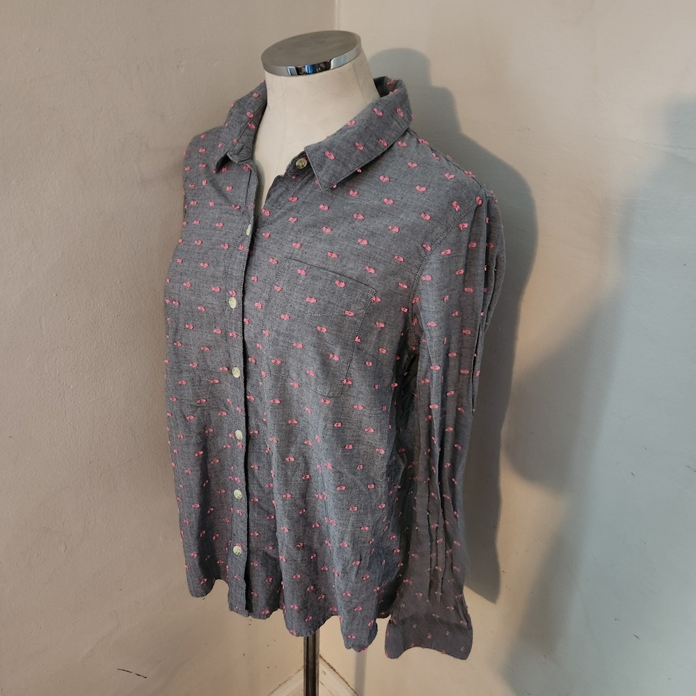 Splendid Women's Medium Gray Pink Dot Long Sleeve Button Up‎ Shirt 100% Cotton - Picture 5 of 5